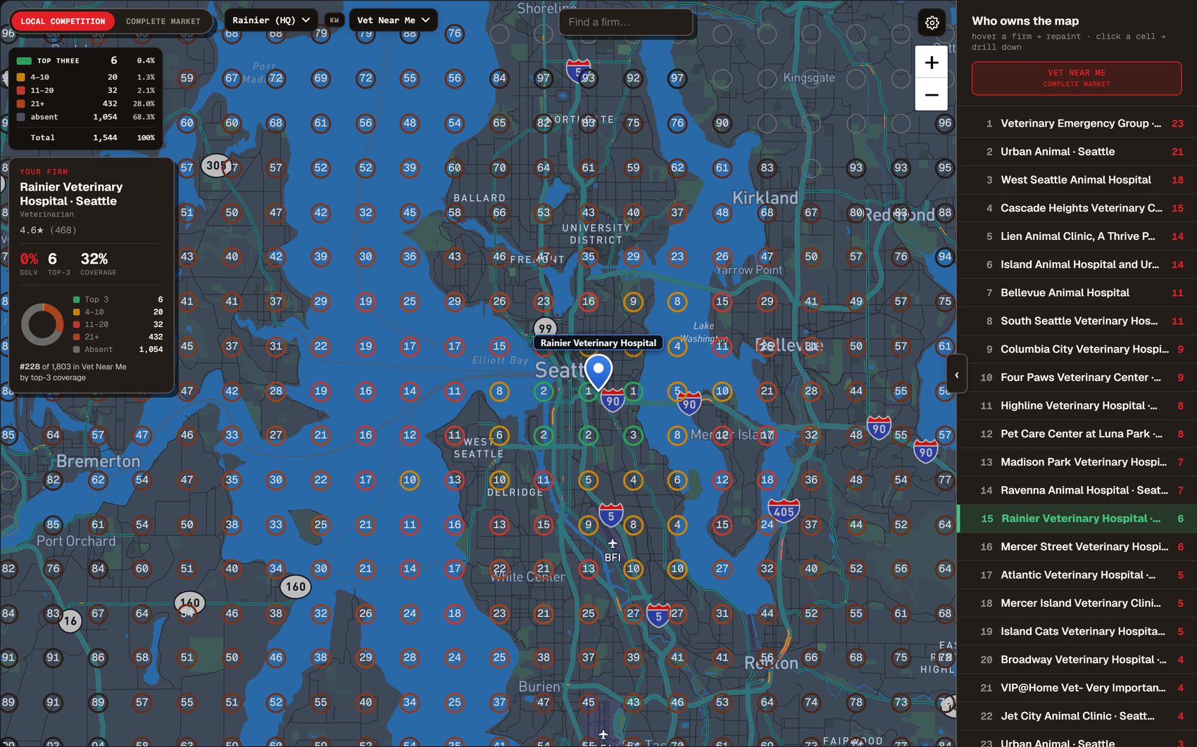 Map visibility grid across Puget Sound; each ring is one scan point and the number inside it is the Vetroots rank at that spot